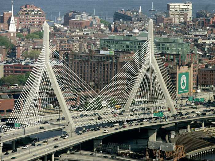 The Zakim Bridge connects Boston over the Charles River.