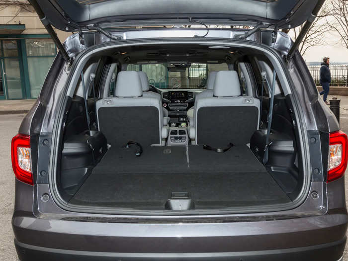 Out back, the Pilot is equipped with a handsfree tailgate that will lift up automatically if the driver swings their foot under the rear bumper. Behind the third row, there is 16 cubic feet of cargo room. With the rearmost seats folded down, cargo volume expands to 46 cubic feet. With the second row folded, that figure expands to 82 cubic feet.