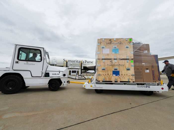 Large pallets of medical supplies were loaded on to the aircraft for the journey as the charity would be setting up an emergency field hospital in the region.