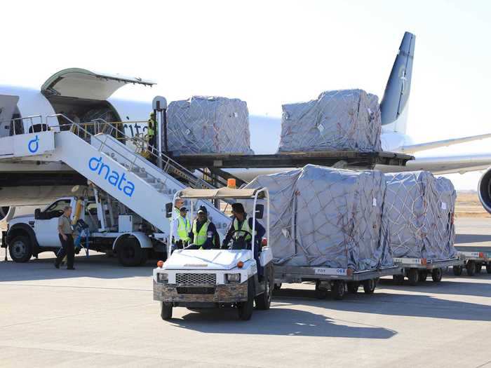 Field hospital setups are common cargo for the DC-8, reserved for severe situations that require additional medical infrastructure.