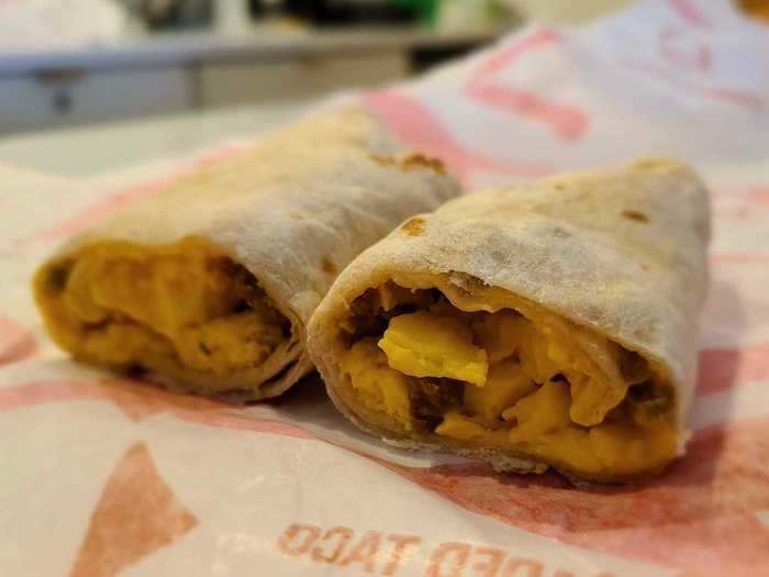 Cheesy toasted breakfast burrito with sausage — $1.59