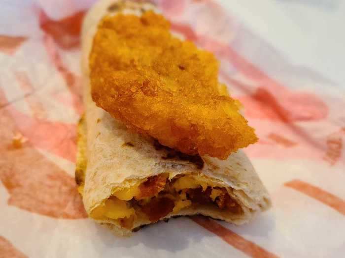 Hash brown toasted breakfast burrito with bacon — $1.99