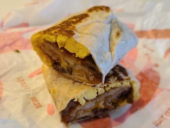 Hash brown toasted breakfast burrito with steak — $2.69