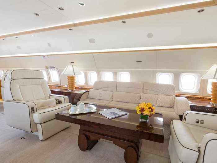 The largely customizable nature of the aircraft enables the owner to configure the jet in any style desired. While some BBJs go for a sleek, modern look, this jet appears to evoke a feeling of home.