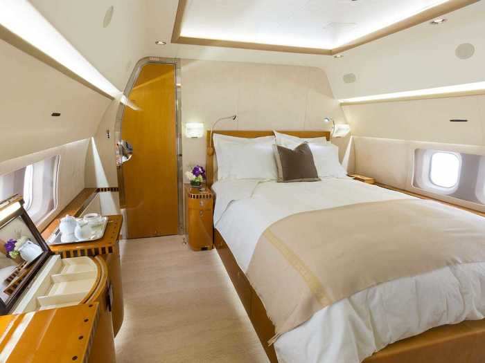 The jet also features a private bedroom complete with a full bed, wardrobe, and bureau.