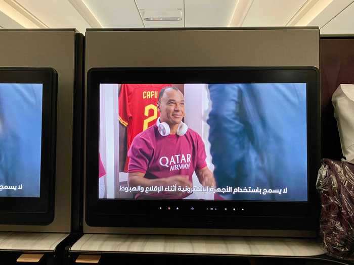 Soon enough, the boarding door closed and we took our seats. As we finished our drinks, we watched the six-minute long soccer (football)-themed safety video, featuring current and former stars from various teams Qatar Airways sponsors.