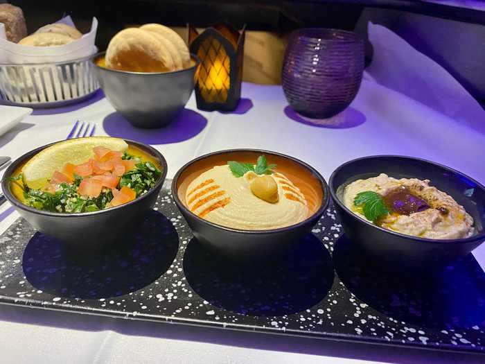 For my appetizer, I had the Arabic mezze, a delightful platter of hummus, baba ghanoush, and tabbouleh served with a side of pita.