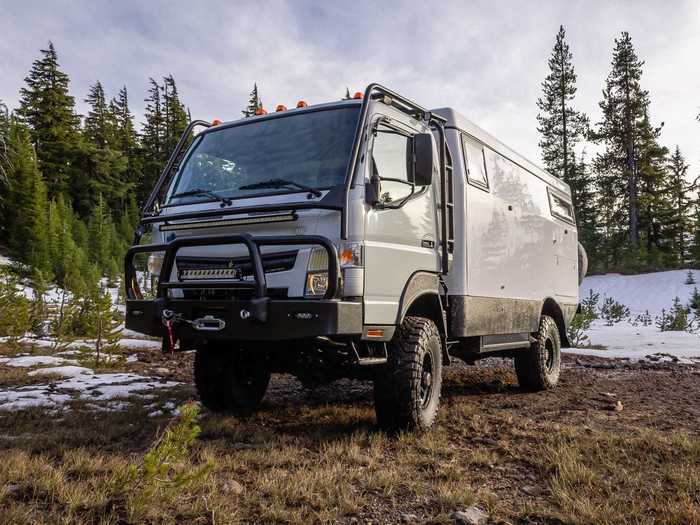 There are two options: a single cab with a 134-inch wheelbase, and a double cab with a 169-inch wheelbase. Both options sit on a Mitsubishi Fuso.