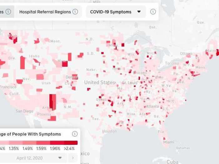 The map shows a county-by-county breakdown of how many surveyed Facebook users are reporting COVID-19 symptoms.