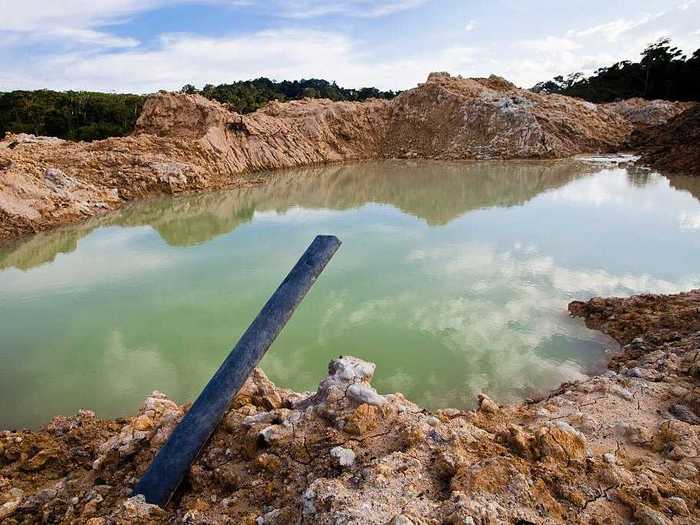 Parts of the Amazon rain forest contain ponds of dirty water left over from hydraulic mining.