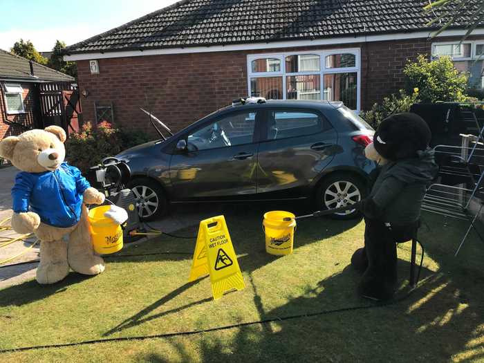 Each day, their owner positions them doing different activities, like washing the car.