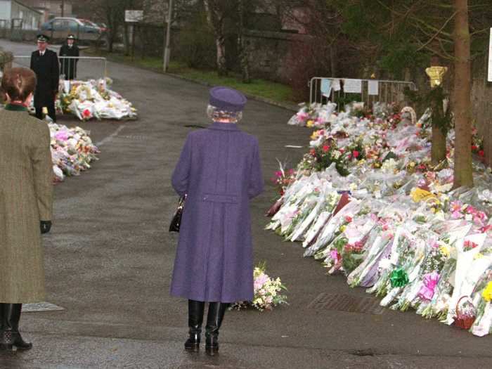 1996: In 1996, the Queen visited the scene of one of the greatest tragedies in recent British history — the Dunblane Massacre. Queen Elizabeth II and her daughter, Princess Anne, visited the small Scottish town to lay wreaths outside the school where 16 children and one teacher were shot and killed.