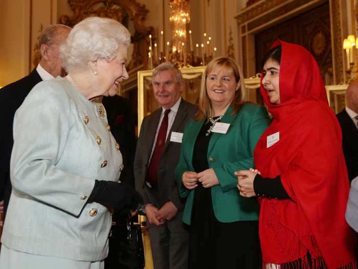 2013: Malala Yousafzai attended a reception for youth, education, and the Commonwealth at Buckingham Palace. The Pakistani teenager, who advocates education for girls, became the face of women