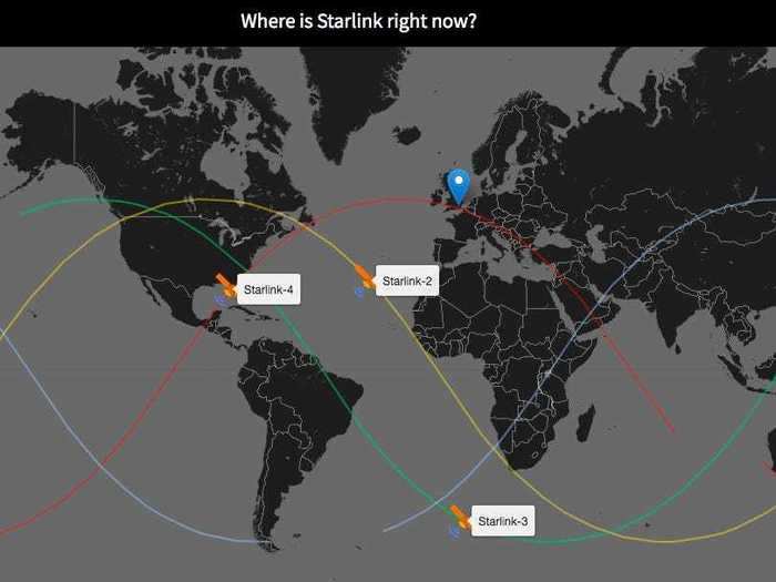 It also shows a live map, tracking the current position of Starlink satellites.