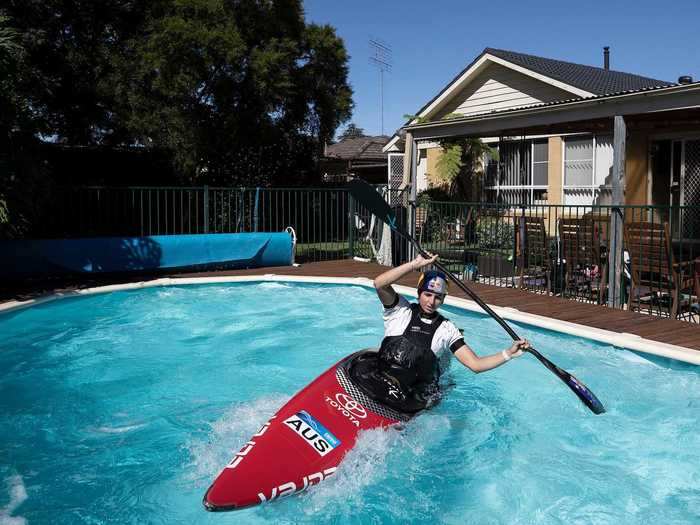 In Sydney, Australia, Olympic canoeist Jess Fox, who has won two Olympic medals, trained in her swimming pool on April 18.