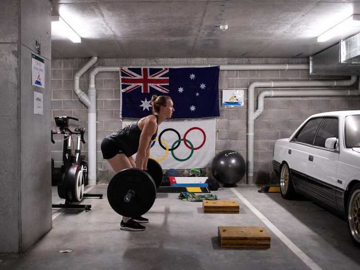 Australian Olympic kayaker Jo Bridgen-Jones worked out in her garage facing a car on April 21.