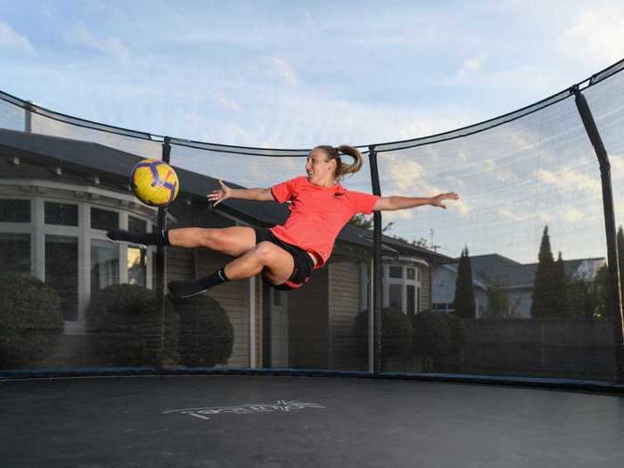 In New Zealand, football player Annalie Longo was also caught mid-air as she practiced her shots on a trampoline on April 8.