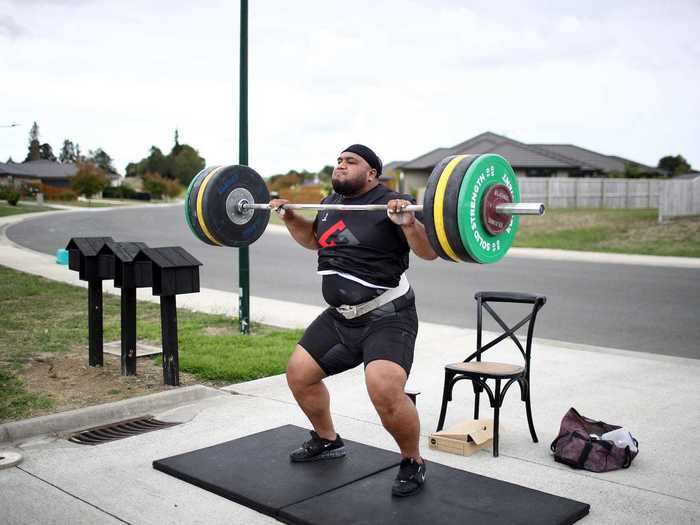 Elsewhere in New Zealand, weightlifter David Liti trained on his driveway in Te Kauwhata on April 8.