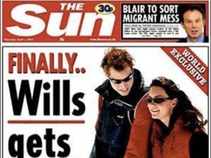 2004: The pair were first pictured together in March at the Swiss ski resort of Klosters. William was deeply upset by the paparazzi intrusion and The Sun was briefly banned from royal photocalls after this front page.