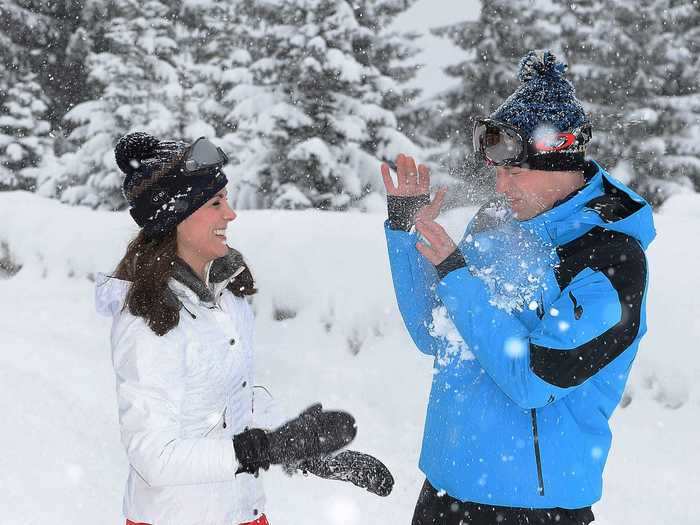 2016: Back on the ski slopes, William and Kate posed for the cameras after exchanging fire in a snowball fight.