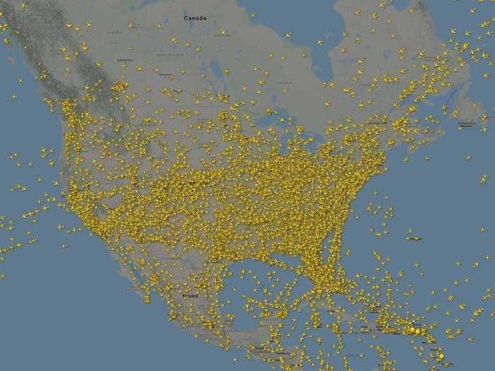 Just like in the global map, air traffic over North America appeared healthy on March 7, even as the outbreak was spreading and people were cancelling travel to Asia and Europe.