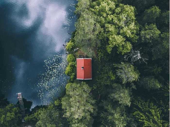 The greenery of this forest is contrasted by the red roof and darkened blue waters to its left.