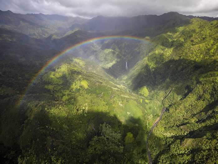 This aerial shot captures a rainbow that formed above the trees in Hawaii.