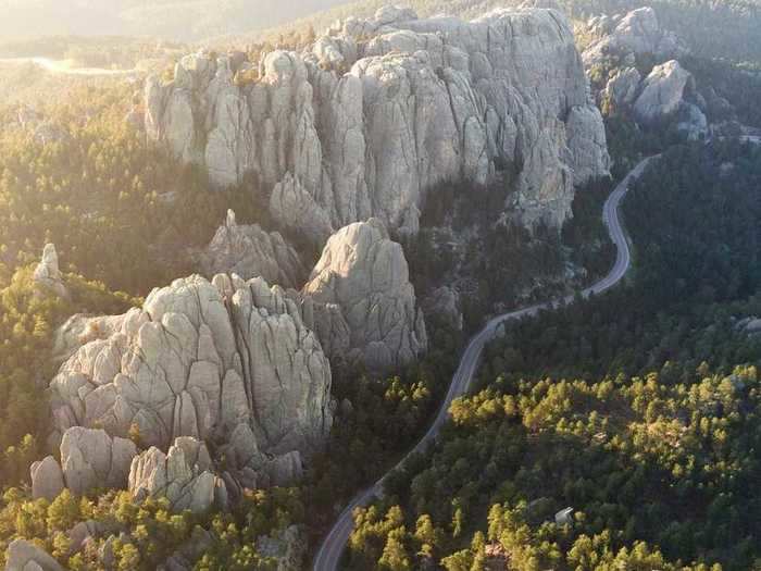 Some roads are scenic both on the ground and in the air, much like this one in South Dakota.