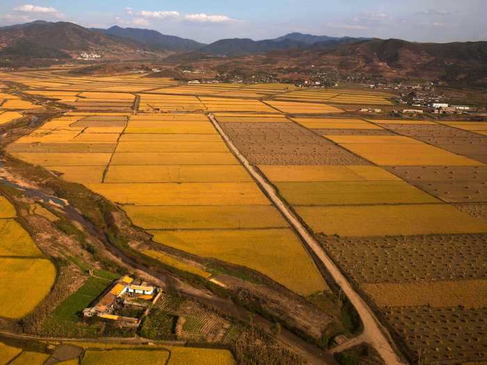 This aerial photo of North Korea farmland captures the country in the middle of autumn.