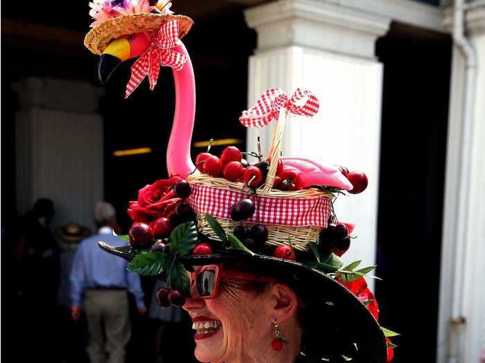 One 2015 Derby fan was a vision in a unique hat that featured a flamingo sitting inside a basket.