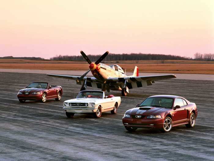 The 40th anniversary of the Ford Mustang came in 2004. Shown here is the 2004 anniversary edition, parked in front of a North American Aviation P-51 Mustang fighter plane.