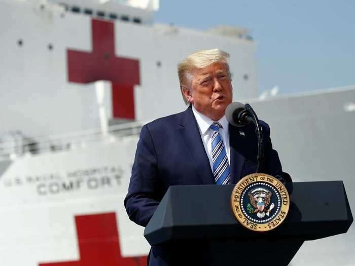 March 29: President Trump saw off the Comfort as it left its port in Virginia to sail up to New York City. He remarked that it was a "70,000-ton message of hope and solidarity to the incredible people of New York."