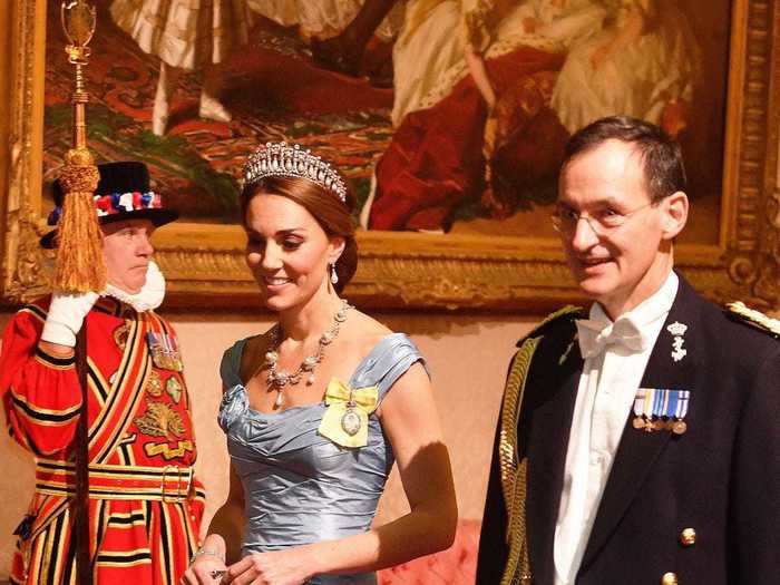 In October 2018, the duchess dazzled in a mermaid-style ball gown during a state banquet at Buckingham Palace.