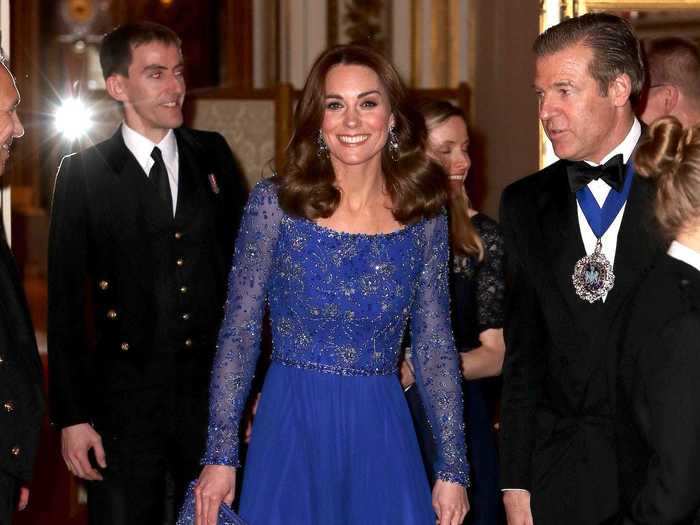 The Duchess turned heads again when she recycled a sparkling blue gown from 2016.