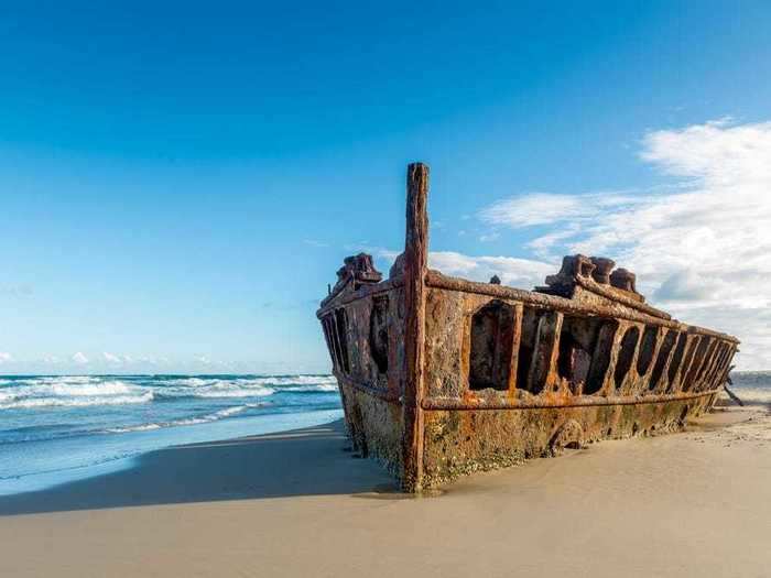 Used as a hospital ship during World War I, the SS Maheno was wrecked by a cyclone on Fraser Island in Queensland, Australia, en route to Japan.