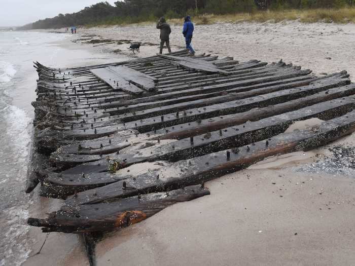 After a storm in 2019, a shipwreck was exposed on the beach in Glowe, on the island of Rügen, Germany. It is believed by experts to be an 18th century merchant ship.