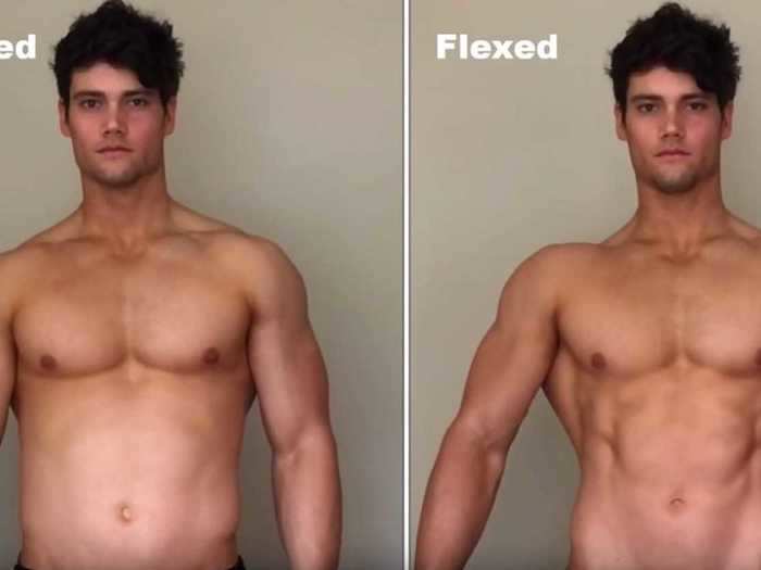 Flexing for a photo makes muscles more defined. "Your abs are not going to be visible unless you flex," he says in the video.