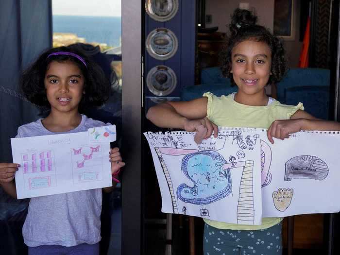 Twin sisters in Sydney, Australia, drew what they missed most, with Rafeala (pictured right) drawing that she misses parks, pools, hotels, friends and cinema. Her image depicts a giant swimming pool with a diving board.