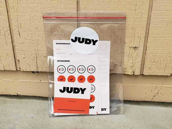 Judy also includes sticker labels and an emergency contact sheet in the kit.