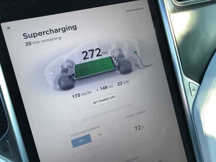 The Tesla infotainment screen provides you with monitoring of the Supercharger