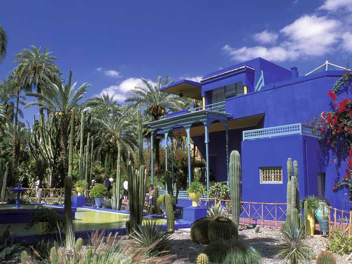 Le Jardin Majorelle in Marrakech, Morocco, is known for the distinctive color of its fountains and garden walls: "Majorelle blue."