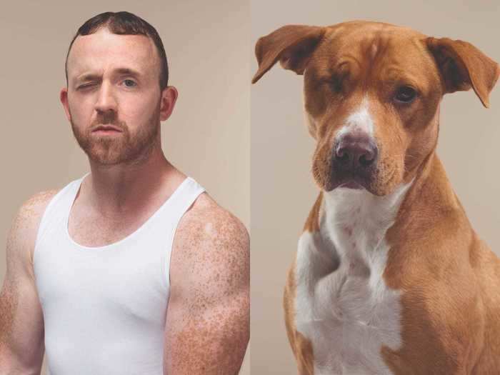 Like this man wearing a white tank to match his dog