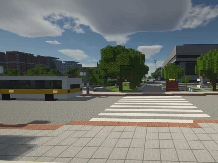 Minor details make the campus, like this view from the Infinite across the street to the student center and bus stop.