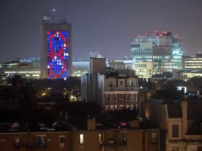 Here it is lit up for the Red Sox during game six of the 2013 World Series.