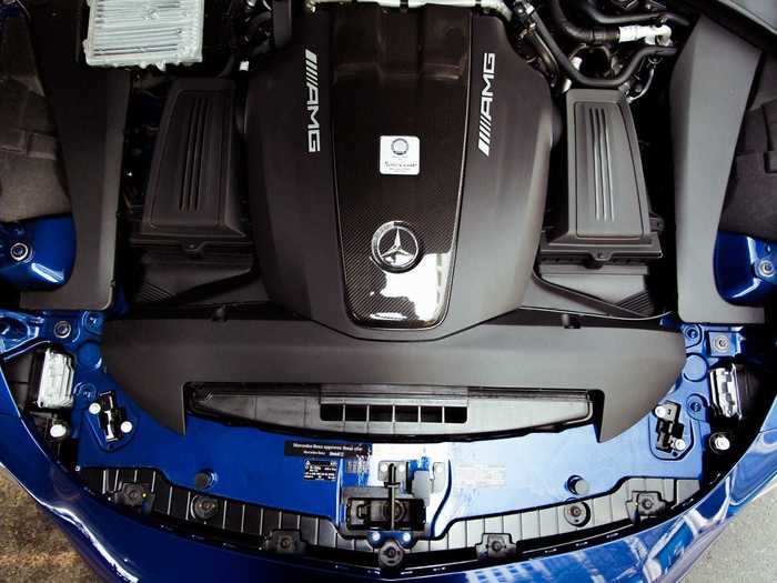 The 4.0-liter V8 rocks twin turbochargers, making 550 horsepower with 502 pound-feet of torque. This example, as with all AMG GT motors, was handbuilt in Germany.