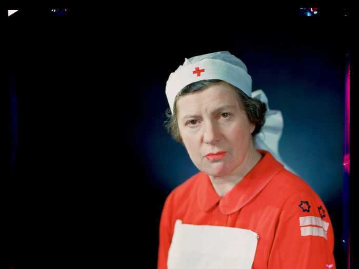 A rare color photo from around 1943 shows the Red Cross uniform in color.