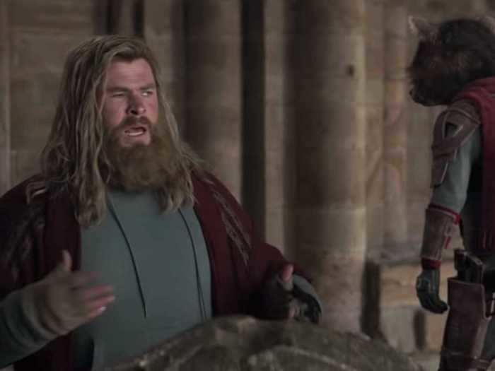 The scenes with Thor and Rocket Raccoon traveling back in time were filmed years prior while making "Infinity War."