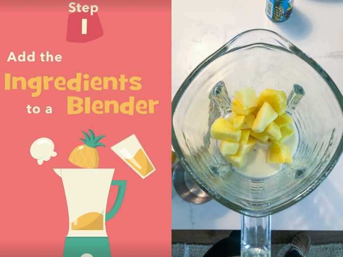 The instructions say to just dump it all in a blender and flip the switch. I was then supposed to "blend until smooth," but some of the pineapple chunks refused to break down.