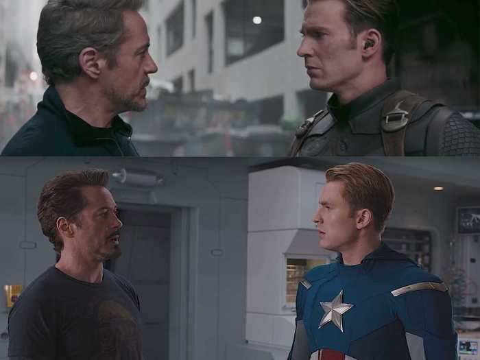 Some of the shots in the movie simply mirror others from earlier in the MCU. This one of Captain America and Iron Man is from "Marvel