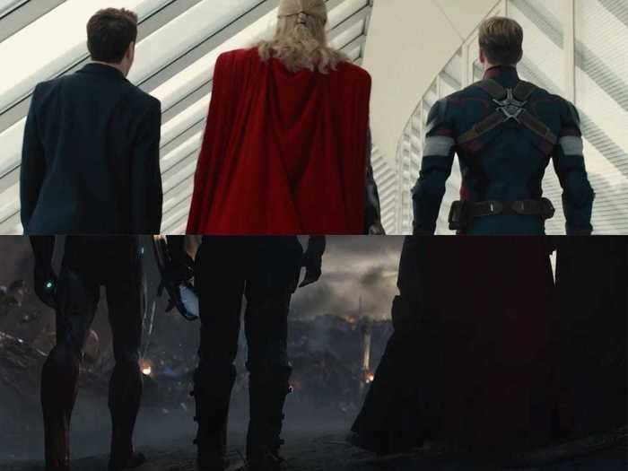Tony, Captain America, and Thor strike a familiar pose when they step out to fight Thanos near the movie